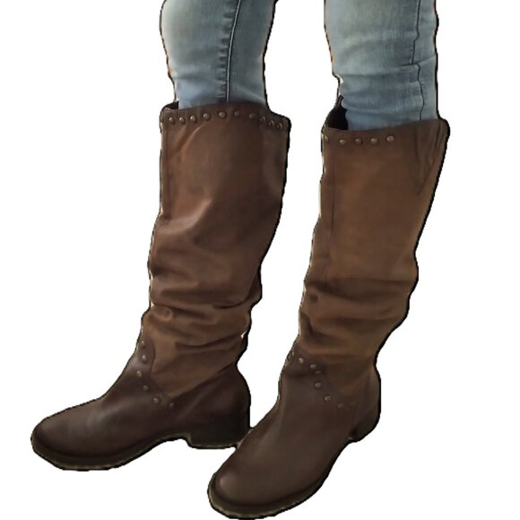 Tall Brown Leather Slouch Boots Knee High - Picture 1 of 8